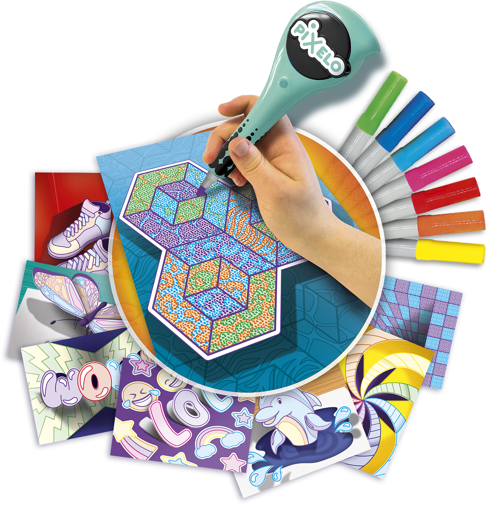 Pixelo, illusions, effet d'optique, dessins, coloriage, feutre électronique, pointillisme, dot art