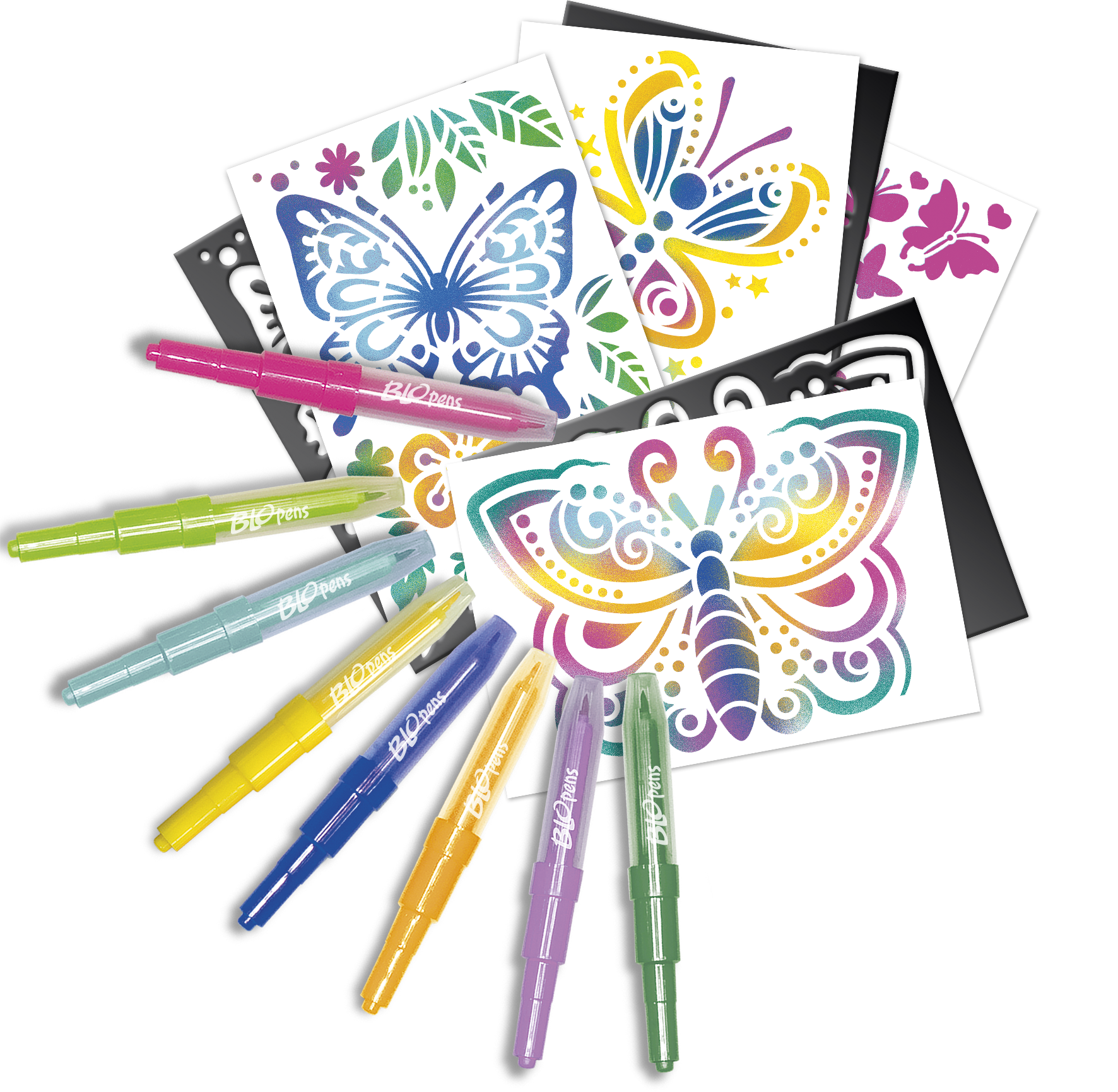Blopens, dessins, coloriage, feutres, enfants, pochoirs, loisirs créatifs, papillon